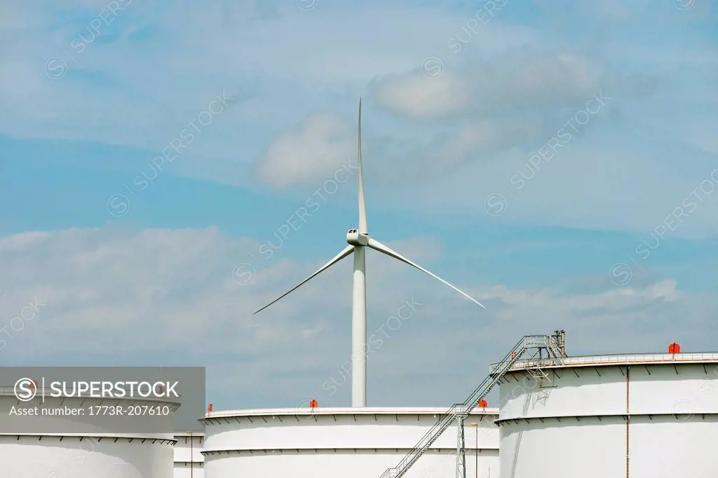 Oil storage and wind turbine in Rotterdam Harbour, Holland