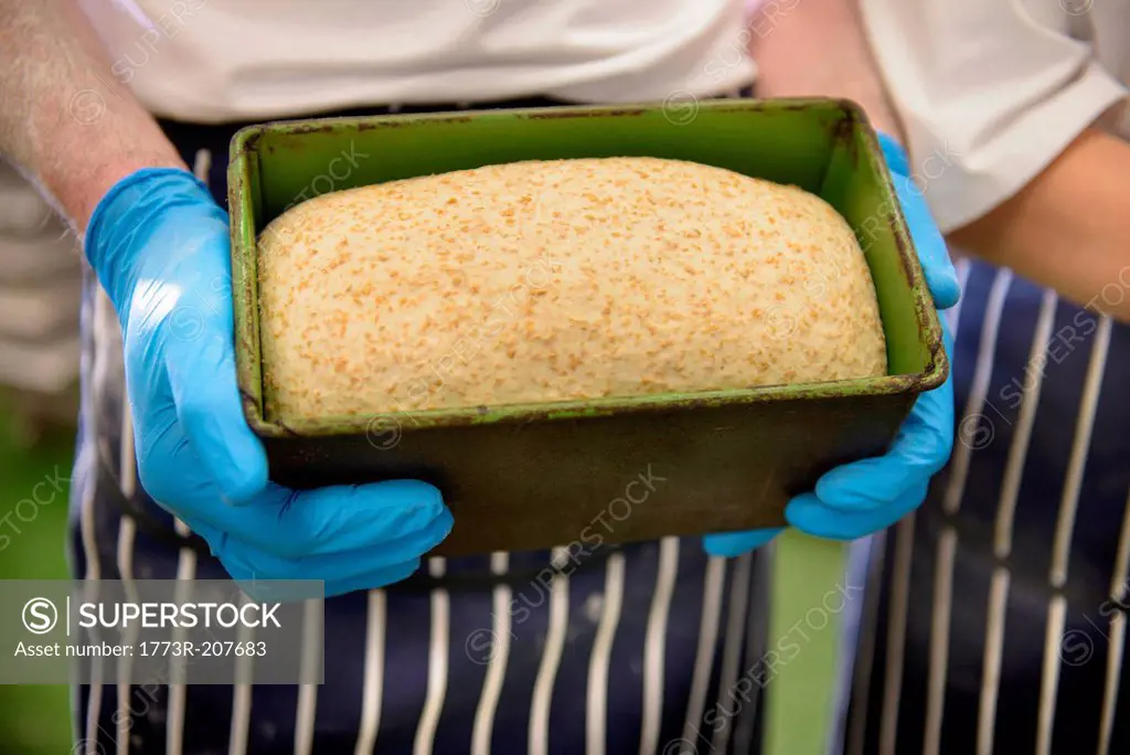 Close up of baker holding unbaked bread in tin