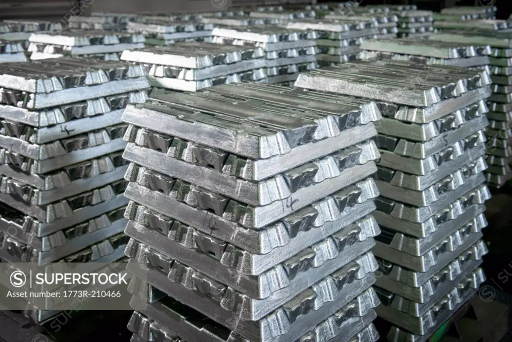 Orderly stacks of aluminum ingots