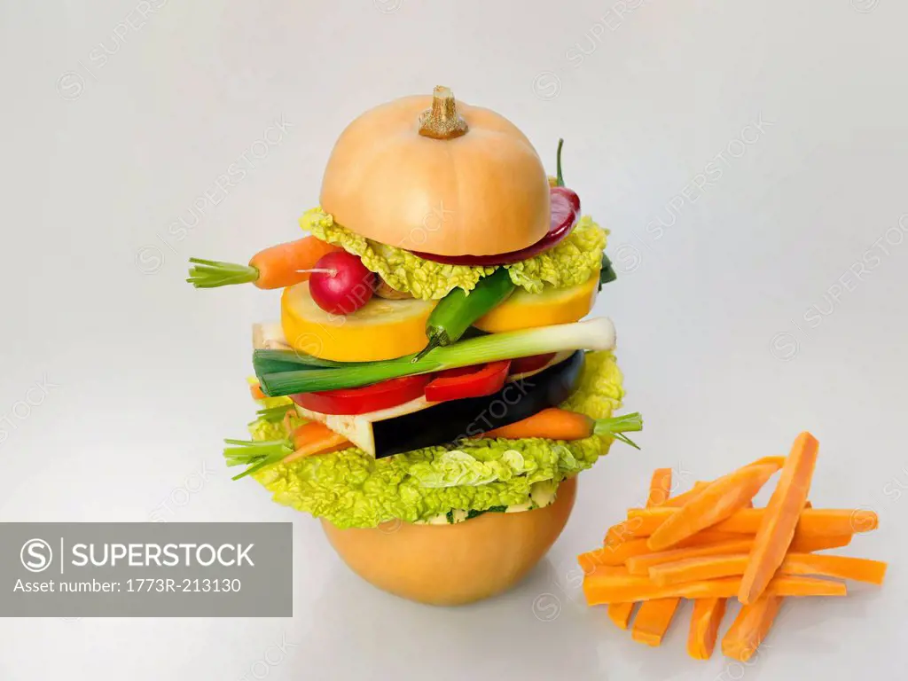 Healthy diet illustrated by a raw vegetarian burger and carrot chips