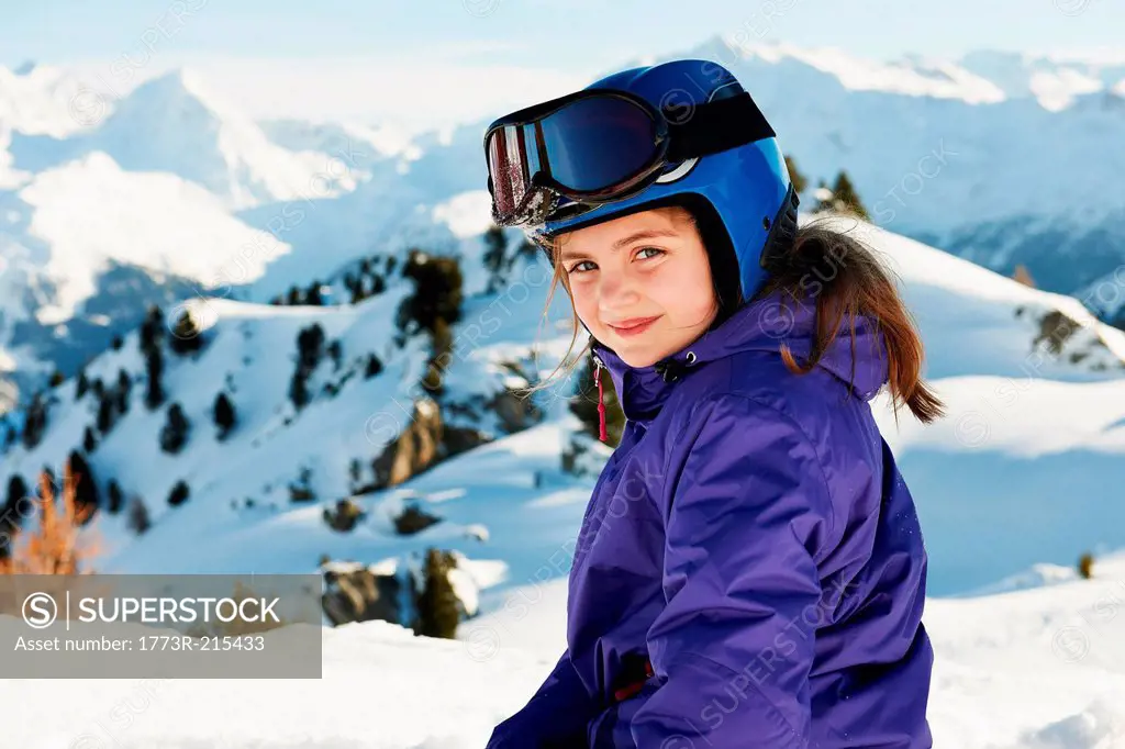 Portrait of girl in ski gear, Les Arcs, Haute-Savoie, France