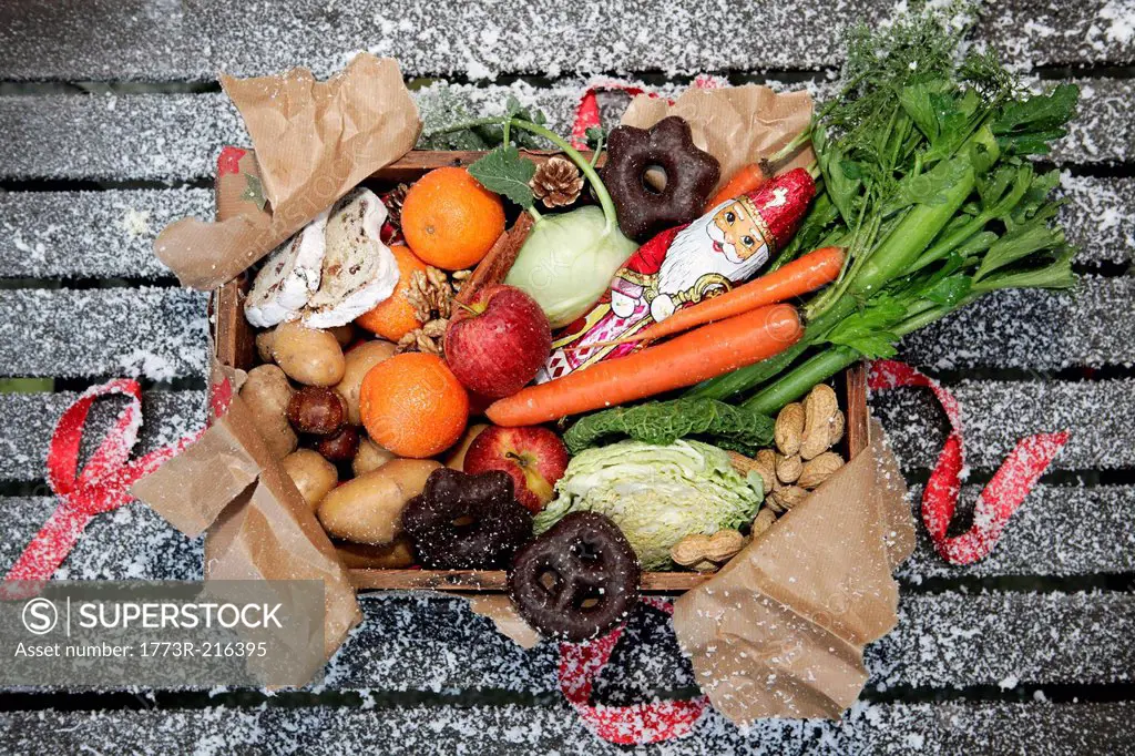 Unwrapped box of savoury and sweet christmas food