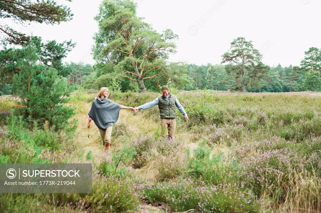Mid adult couple holding hands in meadow