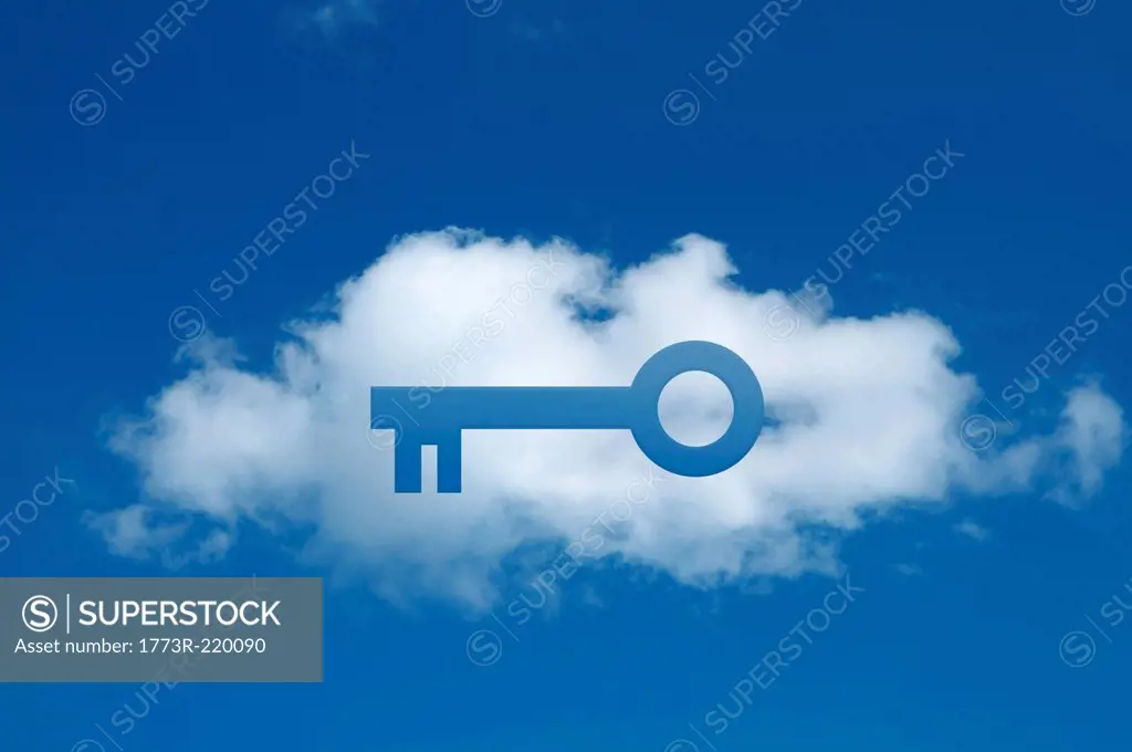 Digital composite of cloud with key shape cut out, secure cloud commitment