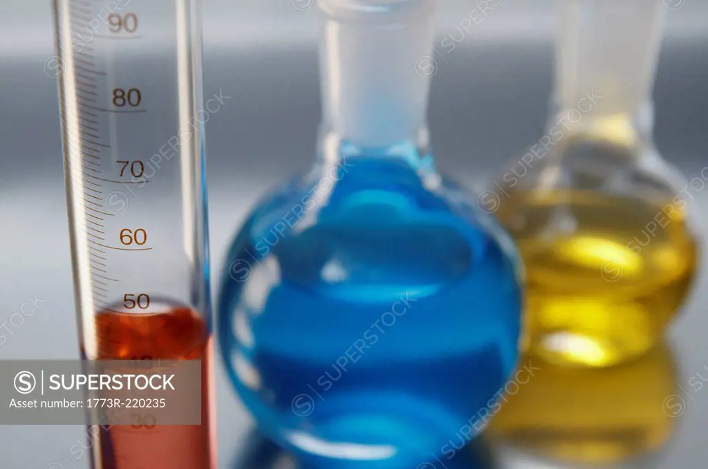 Chemical lab glassware, graduated cylinder and two flat-bottom flasks