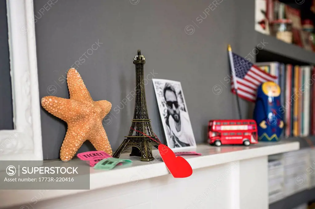 Living room mantelpiece with travel souvenirs