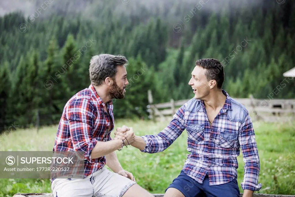 Two male friends shaking hands, Tyrol Austria