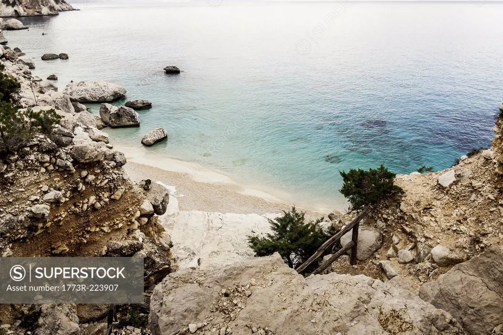 High angle view of coastal cliffs, Cala Goloritze, Sardinia, Italy