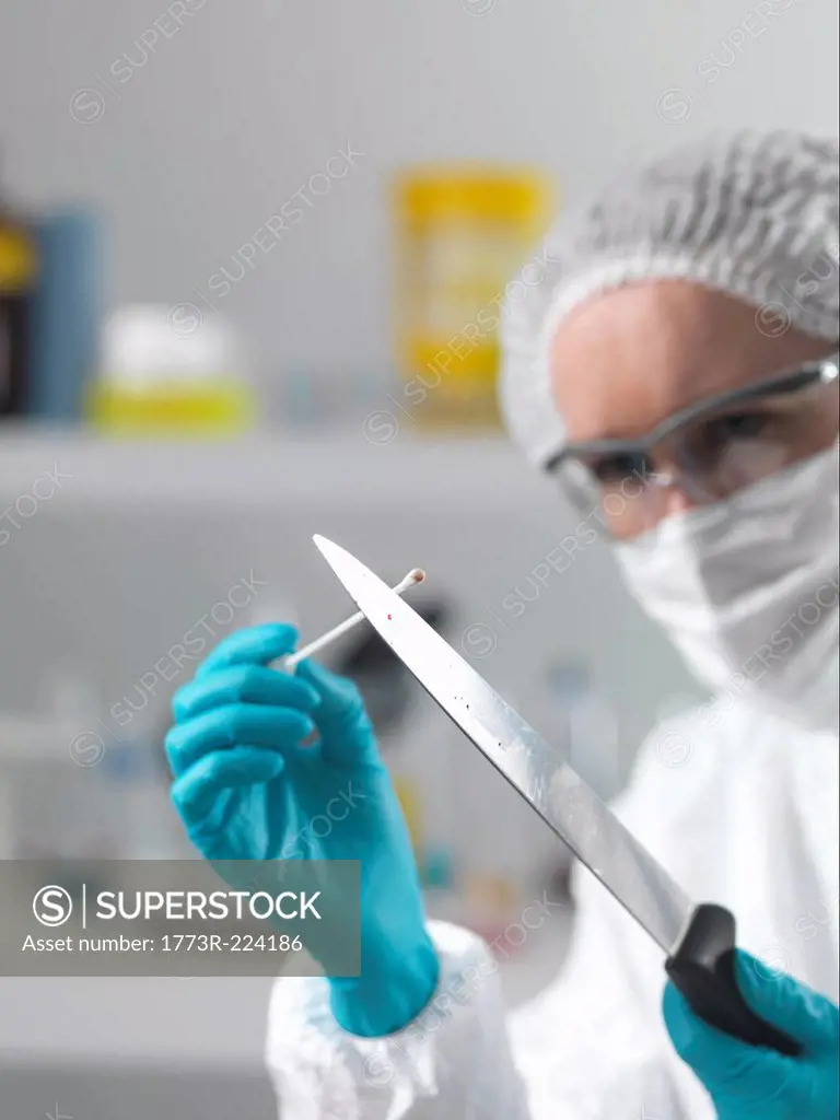 Forensic scientist in laboratory taking DNA evidence with a swab for crime investigation