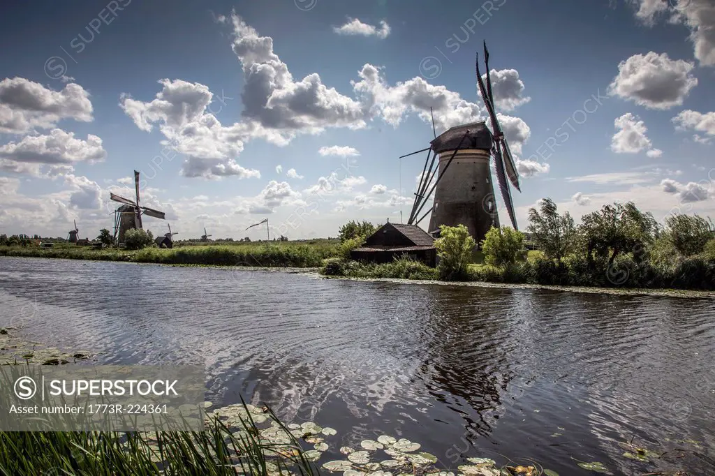 Windmills and canal, Kinderdijk, Netherlands
