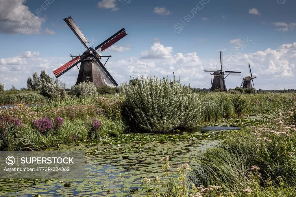 Windmills and canal marsh, Kinderdijk, Netherlands