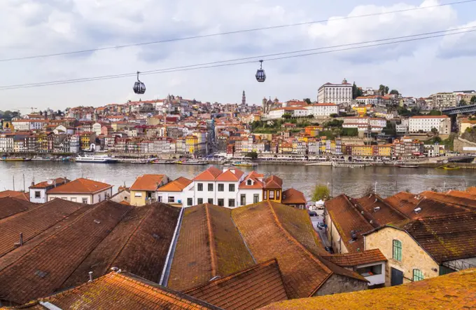Port wine cellars at Douro River and Teleférico de Gaia, Porto, Portugal