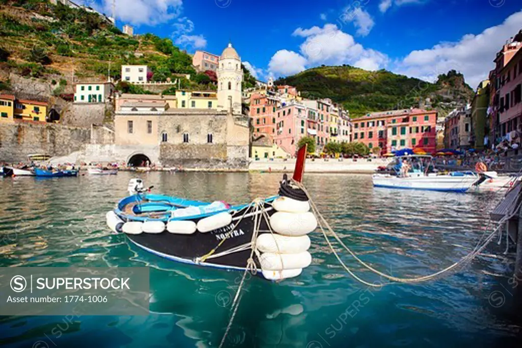 Italy, La Spezia, Liguria, Cinque Terre, Vernazza, Close up view of small boat in a harbor