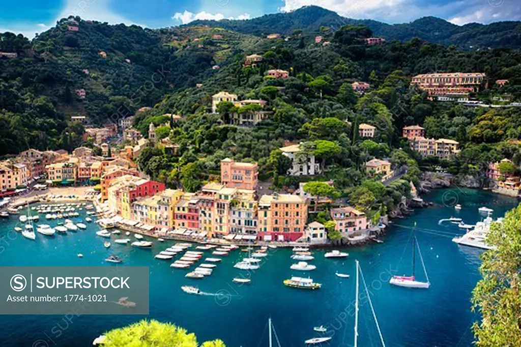 Italy, Liguria, Portofino, High angle view of town with inner harbor