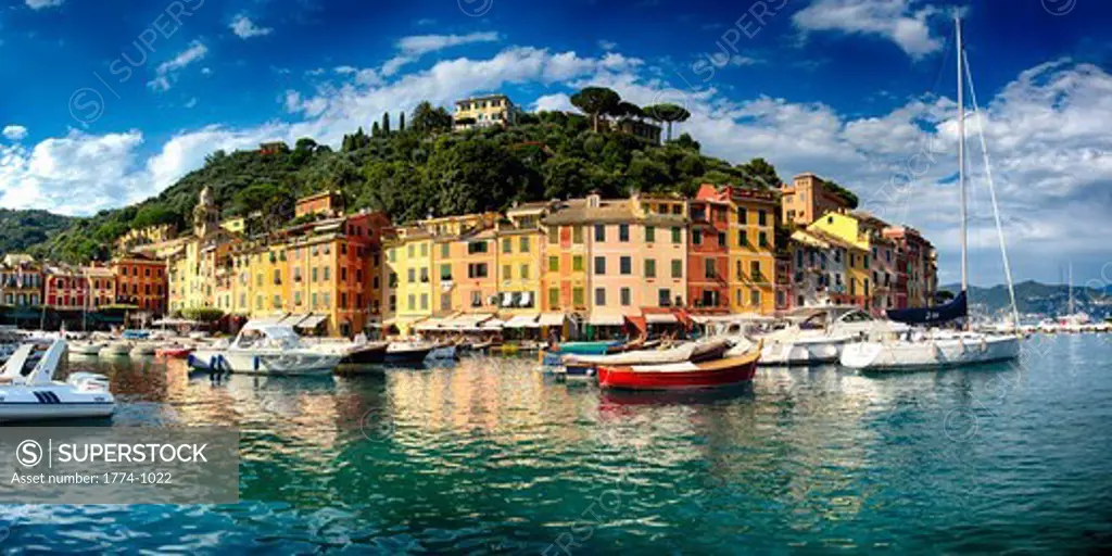 Italy, Liguria, Portofino, Low angle panoramic view