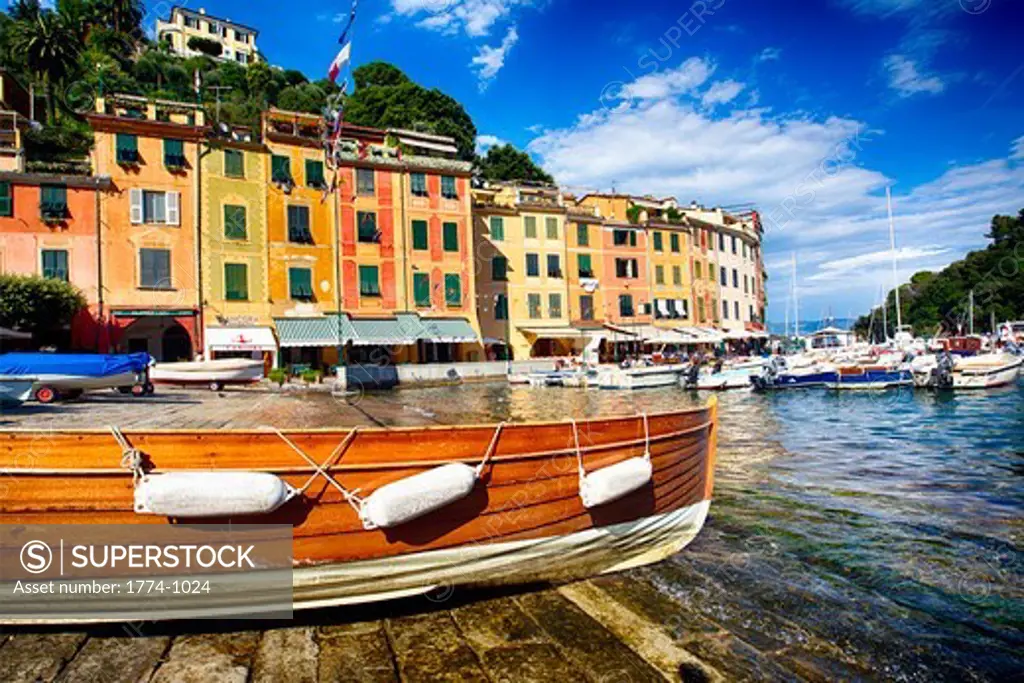 Italy, Liguria, Portofino, Low angle view of colorful buildings in harbor