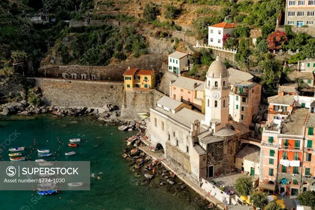 Italy, Liguria, Cinque Terre, Vernazza, High angle view of Santa Margherita di Antiochia Church