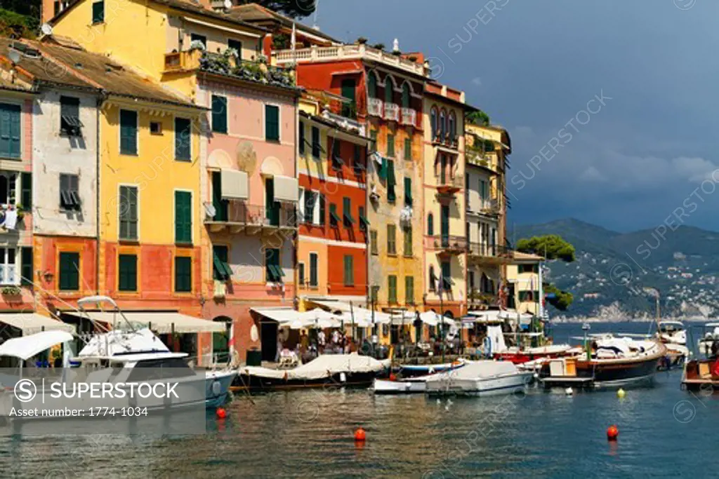 Italy, Liguria, Portofino, Colorful house facades in harbor