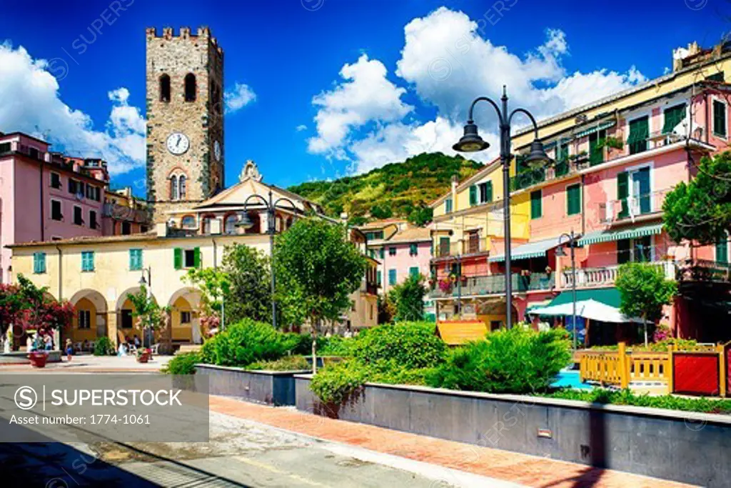 Italy, Liguria, Cinque Terre, Monterosso Al Mare, Bell tower in little square