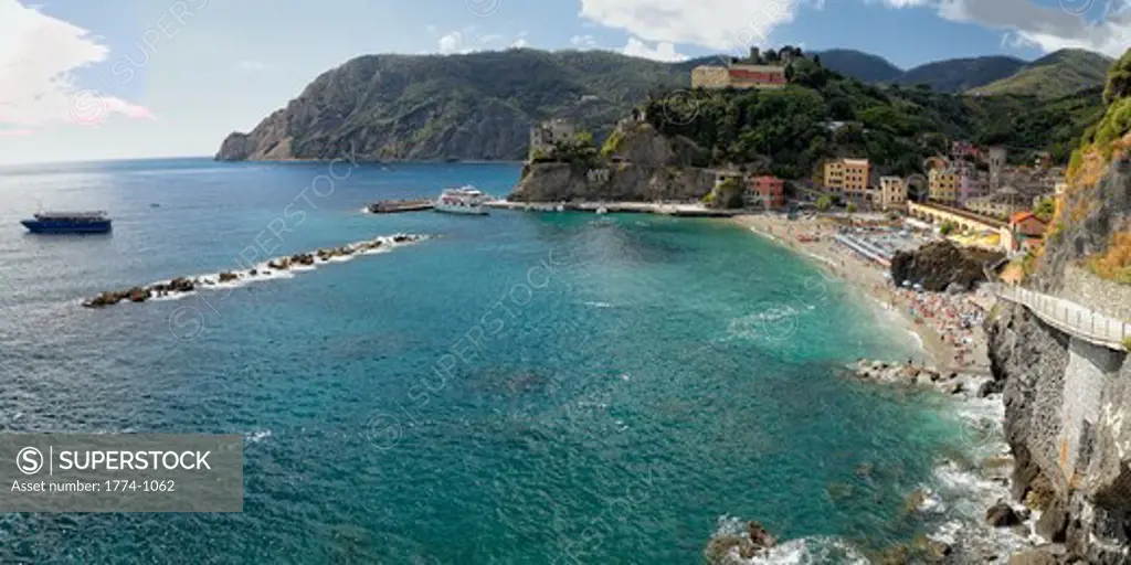Italy, Liguria, Cinque Terre, Monterosso Al Mare, Panoramic high angle view of coastal town