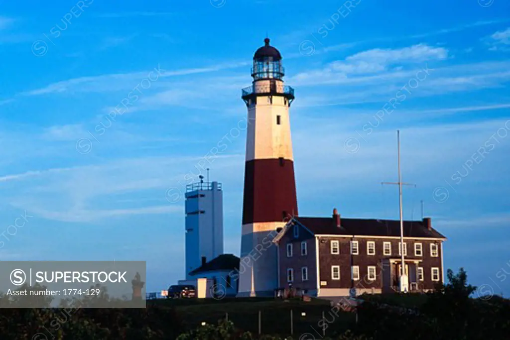 Low angle view of a lighthouse, Montauk Point Lighthouse, Montauk Point, Montauk Point State Park, Long Island, New York State, USA