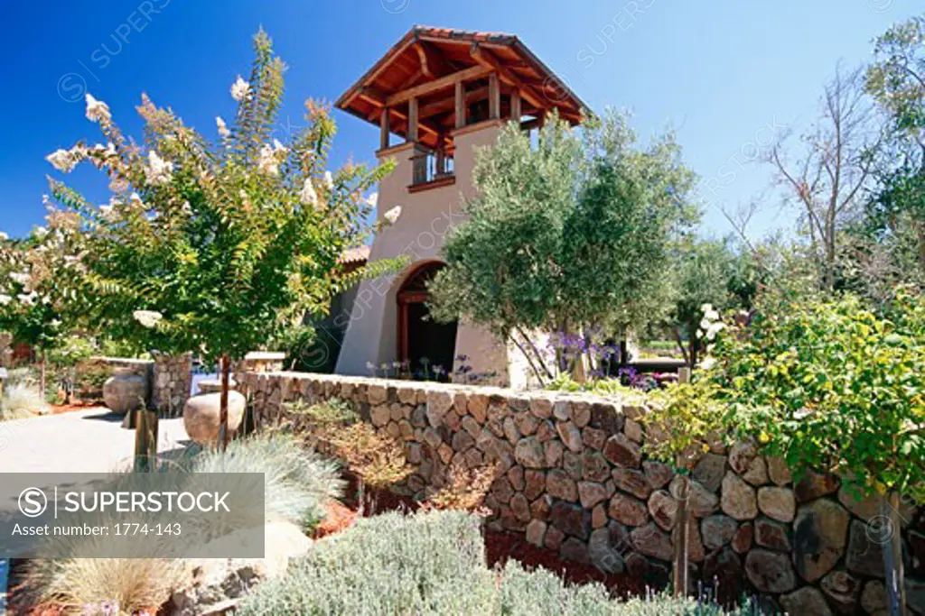 Low Angle View of the Bell Tower at the entrance of the Saint Francis Winery, Sonoma California, USA