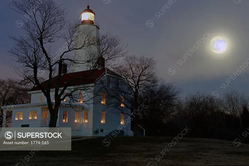 Sandy Hook Lighthouse at Full Winter Moon, Gateway National Recreation Area,  New Jersey, USA