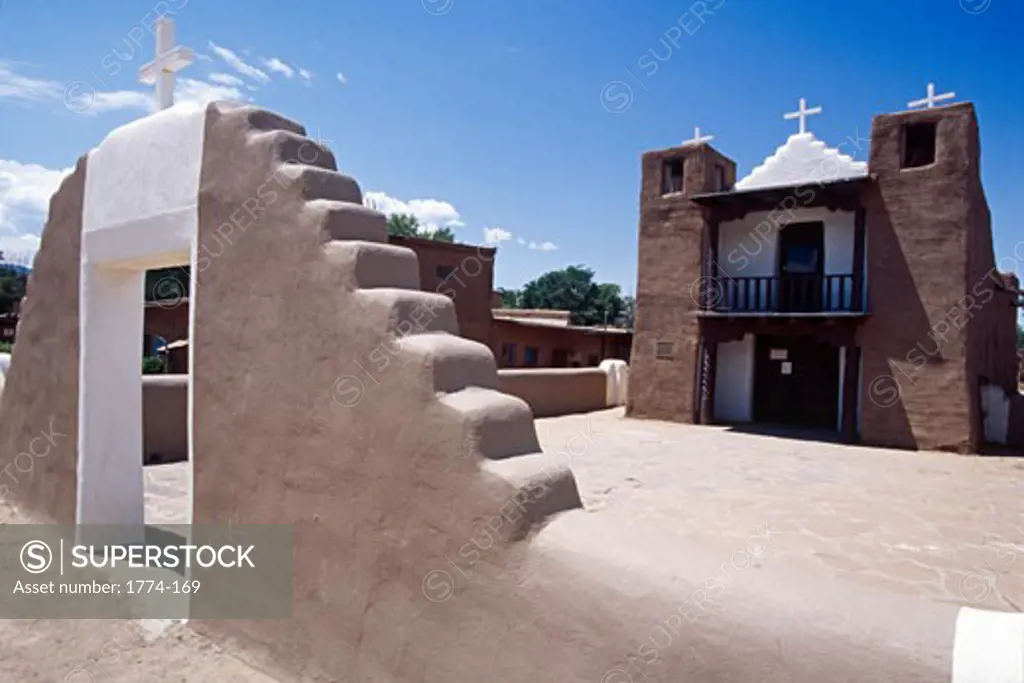 Side Front View of a n Adobe Church, Church of Taos Pueblo, New Mexico, USA