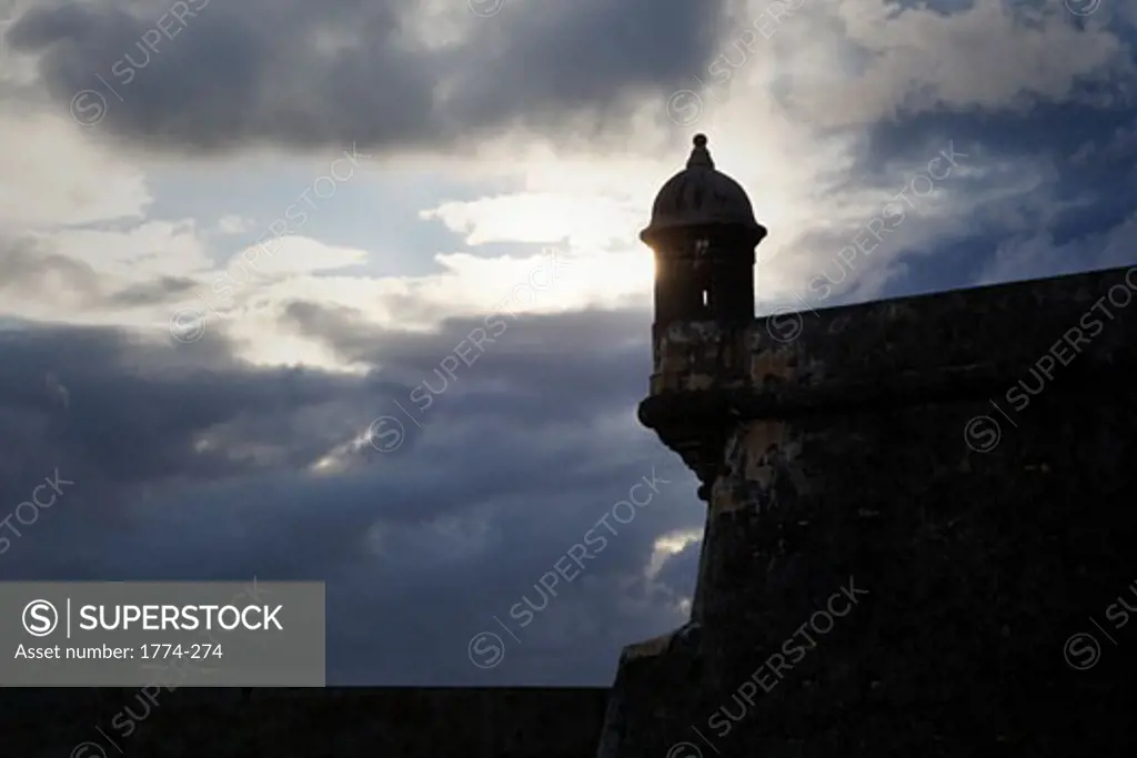 City Wall View with Sentry Box Against the Cloudy Sky, El Morro Fort, Old San Juan, Puerto Rico