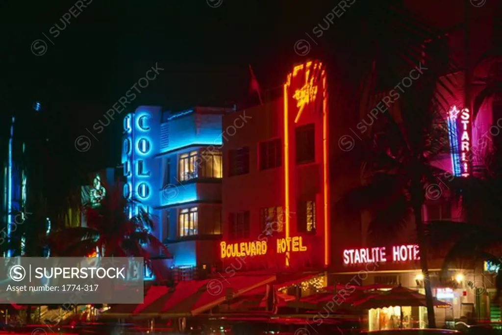 Hotels with Neon Lights, Ocean Boulevard, Miami Beach, Florida, USA