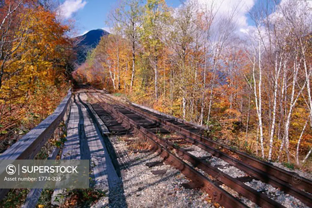 Scenic Autumn View with a Railtrack,  Conway Scenic Railway, White Mountains, New Hampshire, USA