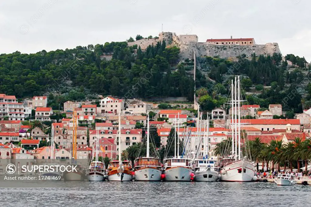 Sailboats on a harbor, Hvar Island, Dalmatian, Croatia