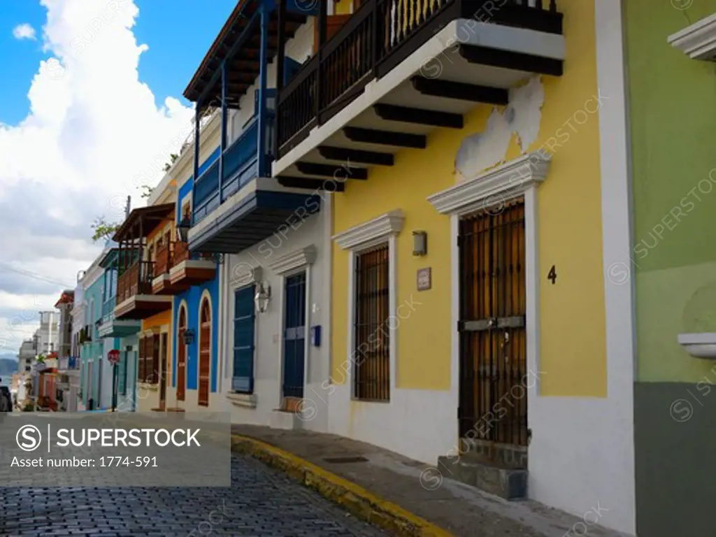 Puerto Rico, San Juan, Old San Juan, Colorful Houses along a Cobblestone Street, Old San Juan, Puerto Rico