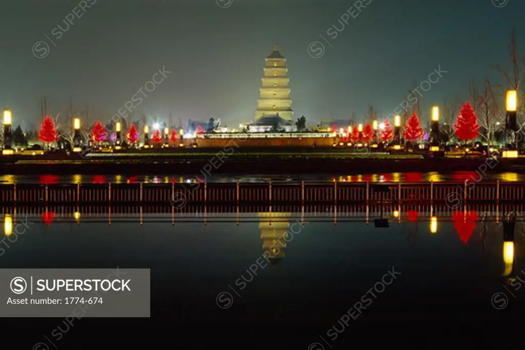 Reflection of a pagoda in a lake, Giant Wild Goose Pagoda, Xi'an, Shaanxi Province, China