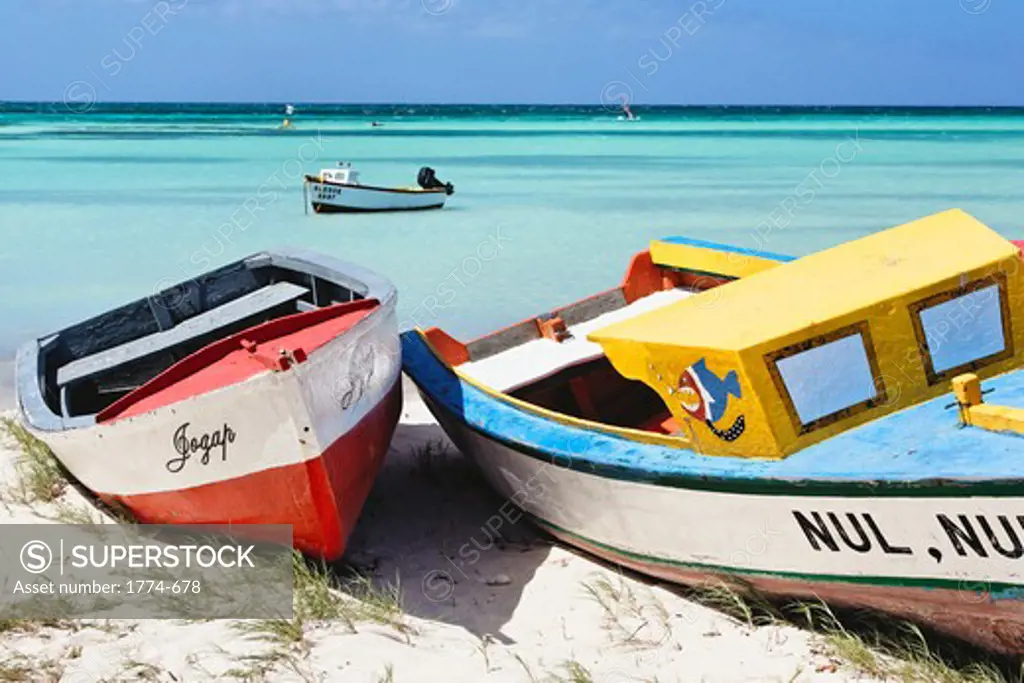 Aruba, Colorful Traditional Fishing Boats on Eagle Beach