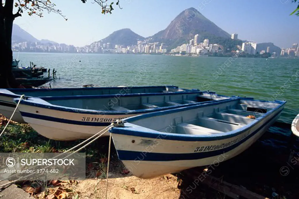 Brazil, Rio de Janeiro, Rodrigo de Freitas Lagoon, Fishing Boats on Shore