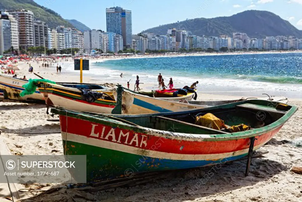 Brazil, Rio de Janeiro, Copacabana beach, Old Fishing Boats on Beach