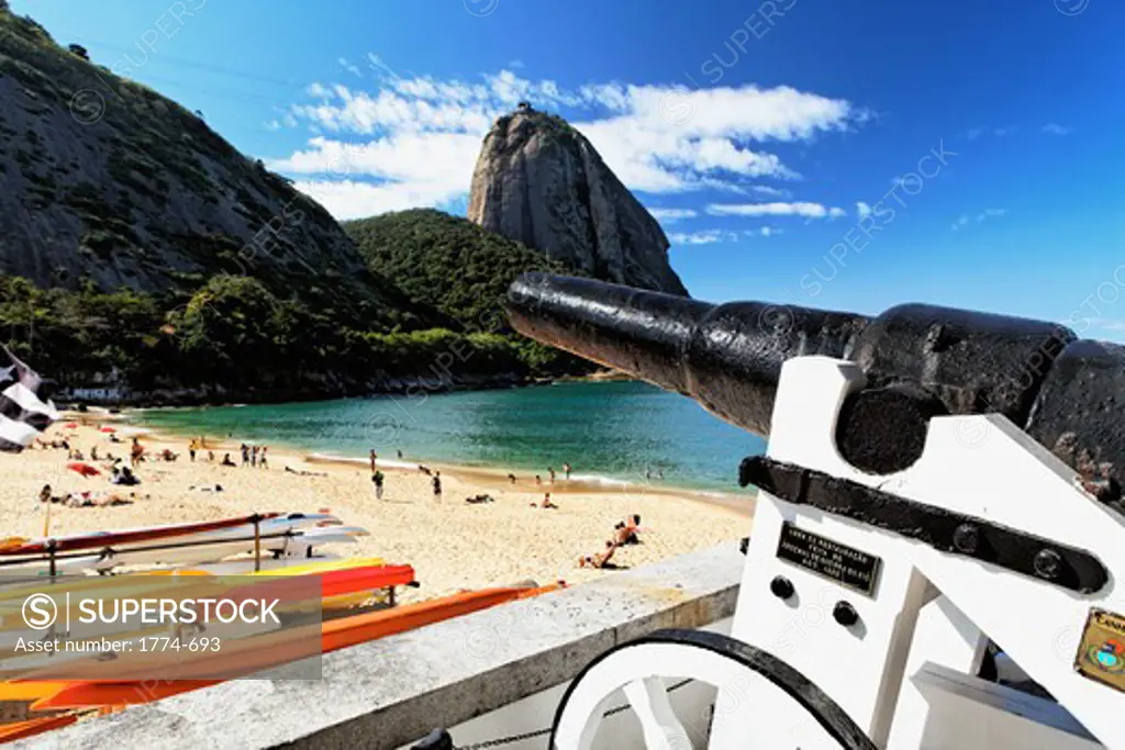 Brazil, Rio de Janeiro, Vermelha Beach, Old Cannon Overlooking beach