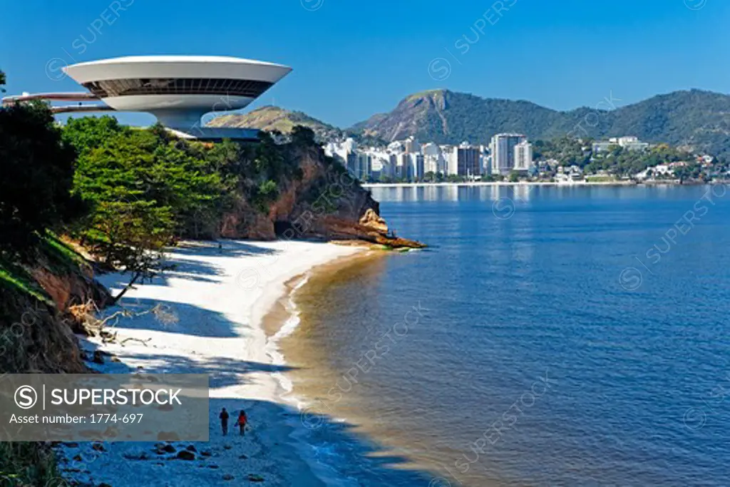 Brazil, Niteroi, Contemporary Art Museum, skyline and beach