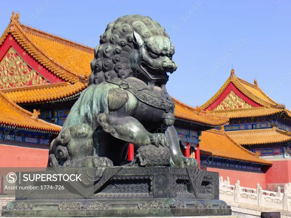 China, Beijing, Forbidden City, Close up of Imperial Guardian Lion statue