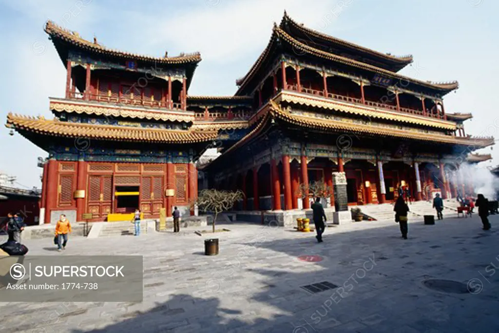 China, Beijing, Inner Courtyard of Lama Temple with Pavilion of Eternal Happiness (Wanfu Ge)