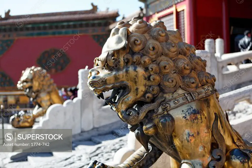 China, Beijing, Forbidden City, Guardian Lion Sculpture at Gate of Heavenly Purity