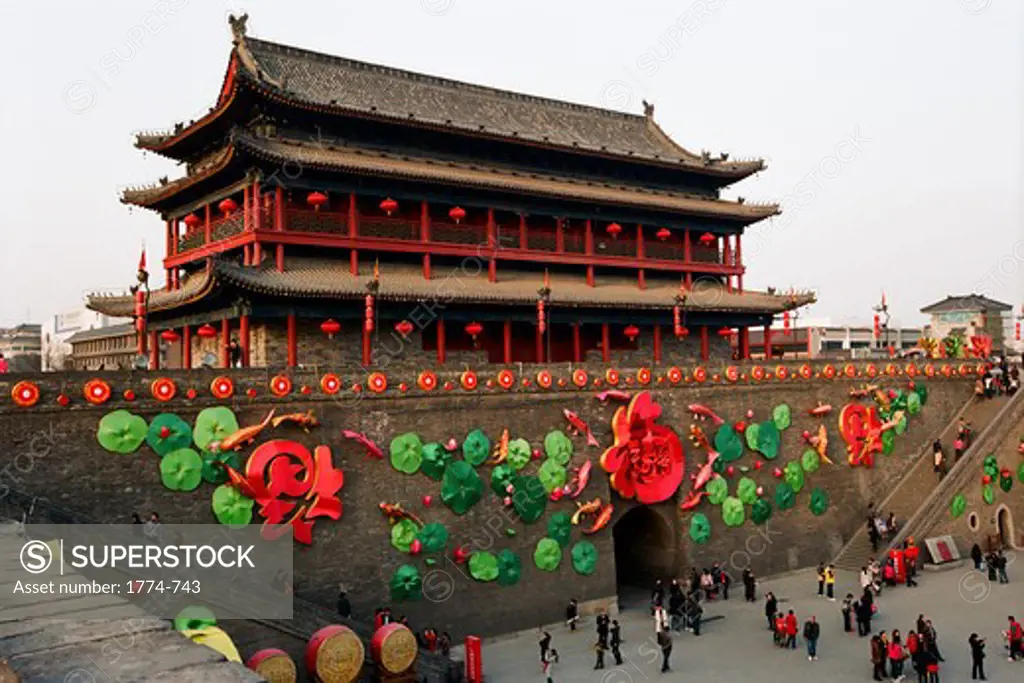 China, Shaanxi, Xi'an City Walls decorated for Chinese New Year Celebration