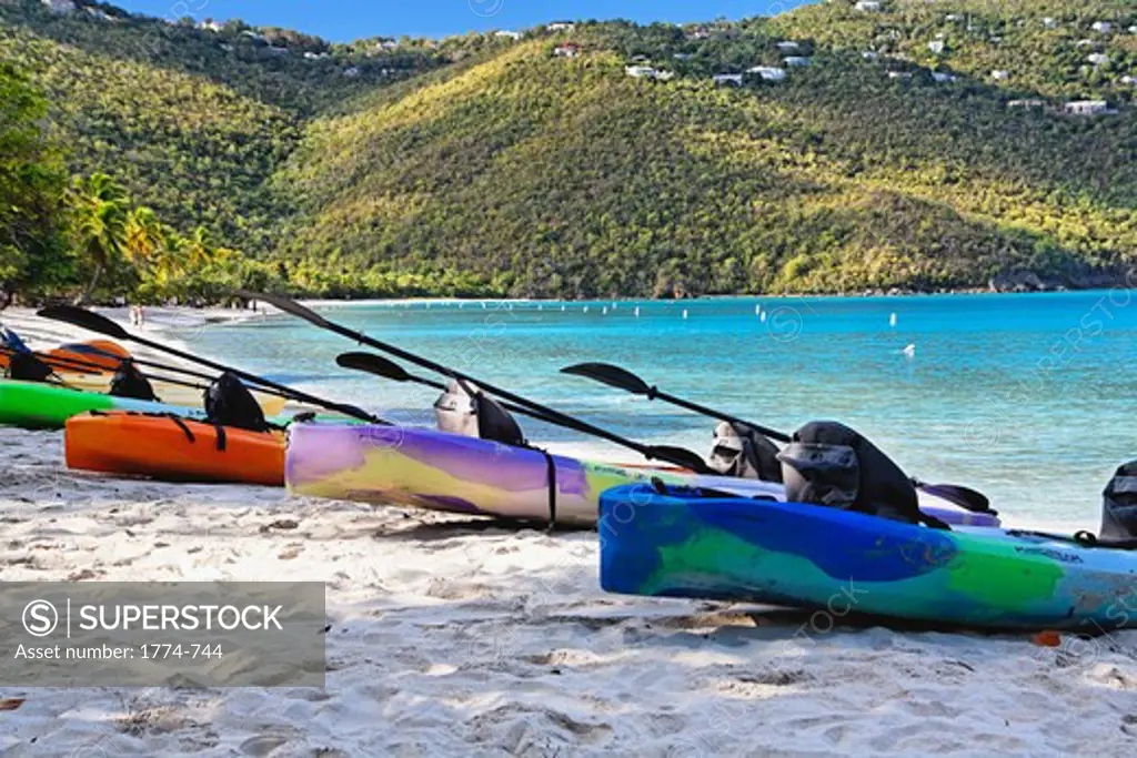 USA, Virgin Islands, St Thomas, Magens Bay, Kayaks for rent on beach