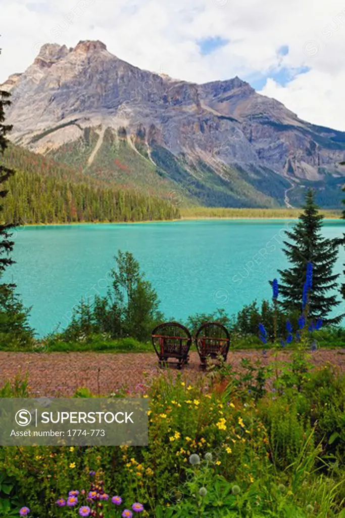 Canada, British Columbia, Emerald Lake, Two Chairs at Lakeside