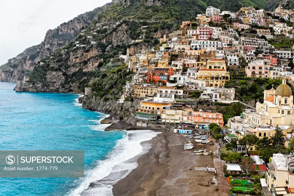 Italy, Campania, High Angle Close Up View of Beach and Town of Positano