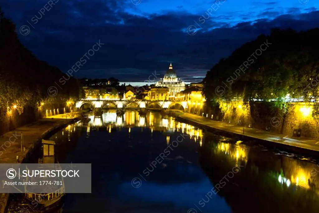 Italy, Lazio, Rome, Night View of Tiber River with Vatican City in Background