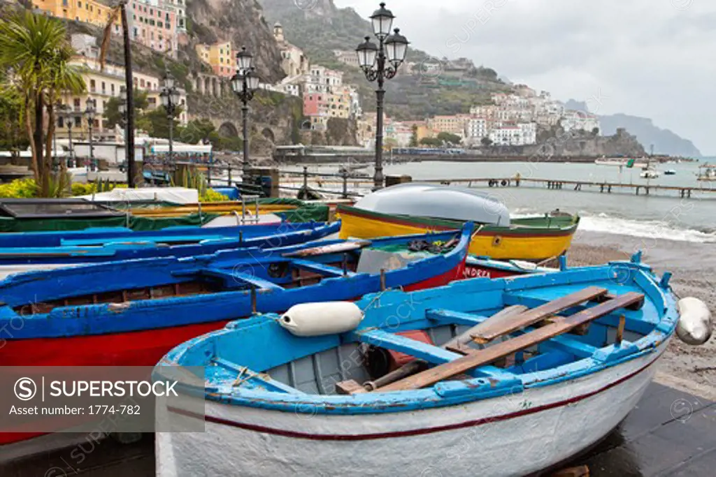 Italy, Campania, Amalfi, Old Fishing Boats on Shore