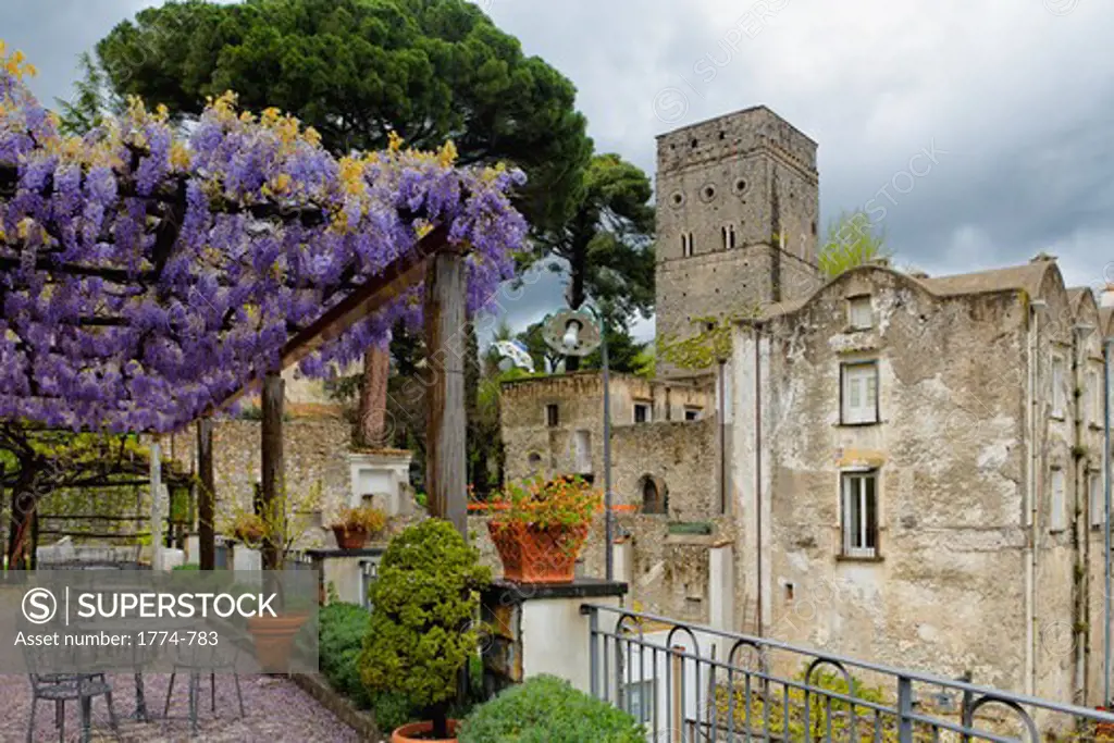 Italy, Salerno County, Ravello, Villa Rufulo, Terrace with Pergola and Blooming Wisteria