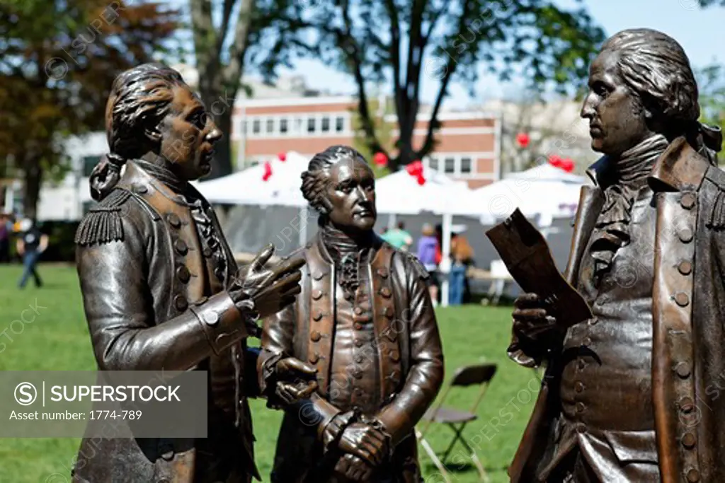 USA, New Jersey, Colonel Alexander Hamilton and Marquis De Lafayette on Morristown Green, Close Up View Sculpture of General George Washington